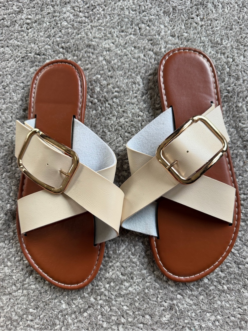 Women's Ivory Crisscross Slide Sandals with Gold Buckle